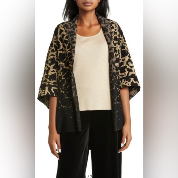 NWT Ming Wang Black Gray Metallic Jacquard Knit Shawl Collar Kimono Sleeve Open - Picture 7 of 8